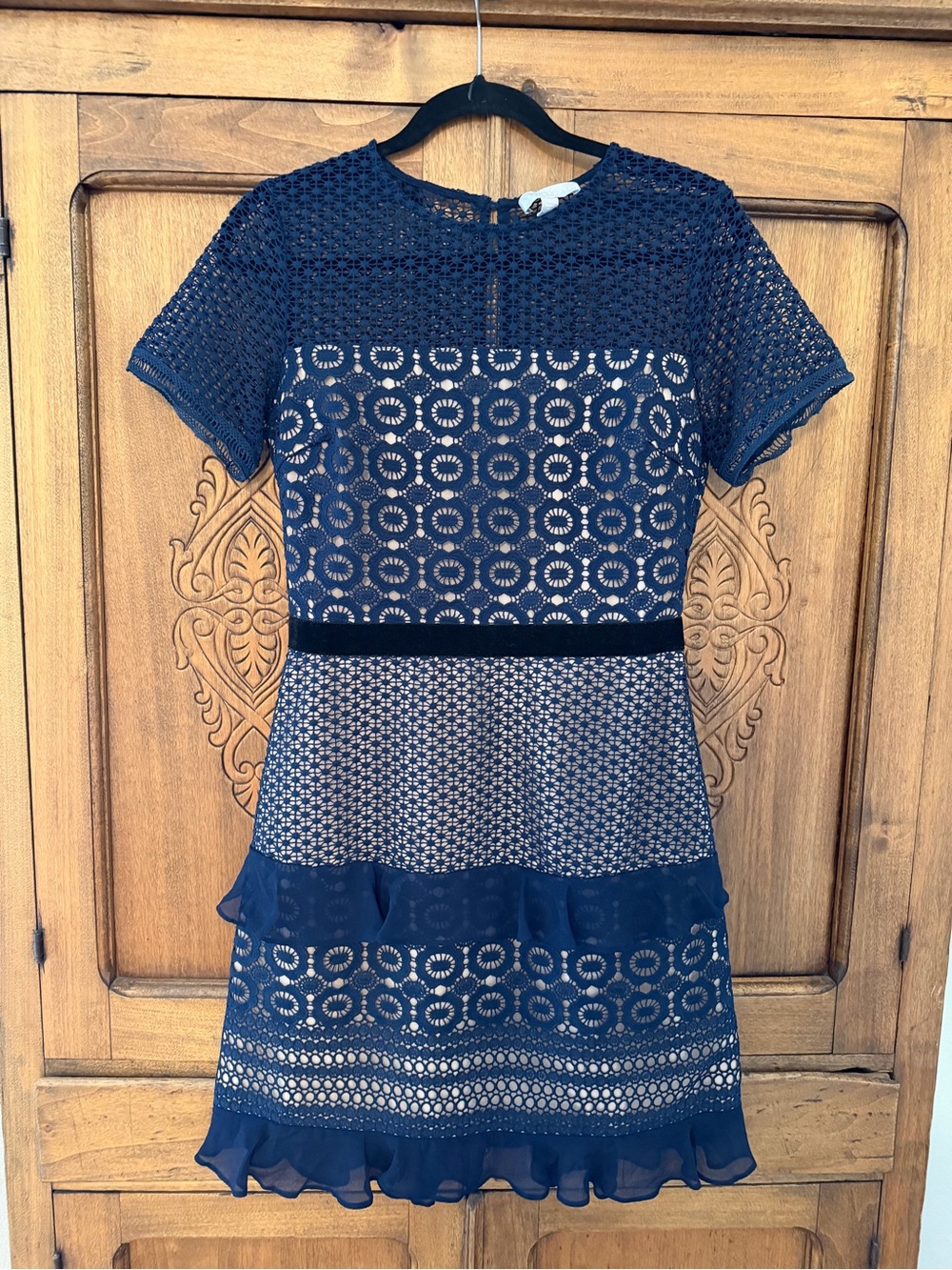 Navy Lace Tiered Short-Sleeve Dress velvet detail waistband